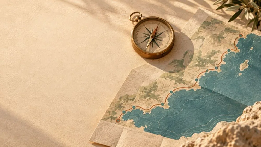 Compass and illustrated Mediterranean route planner on a warm sand background